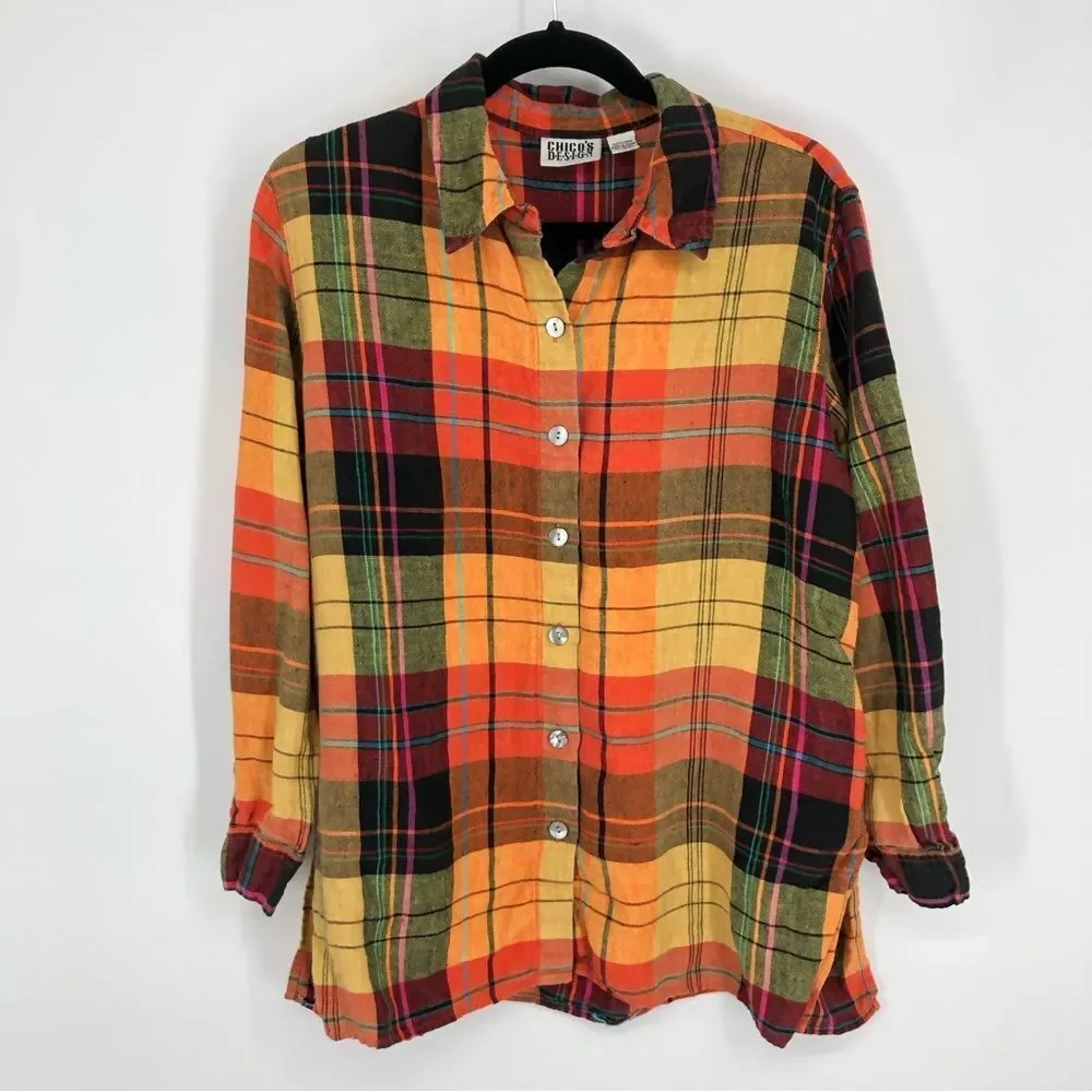 Vtg Chico’s Shirt Womens Large 100% Linen‎ Orange Plaid Button Front 3/4 Sleeve